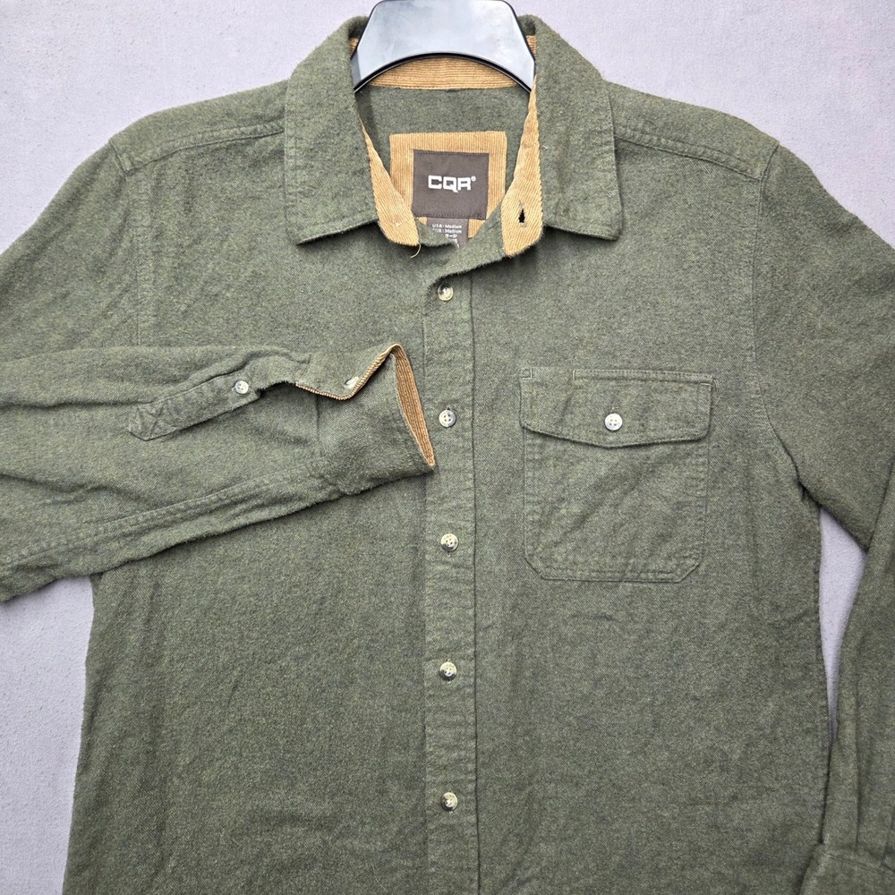 CQR Mens Flannel Shirt Medium Olive Green Long Sleeve Cotton Button Down Pocket